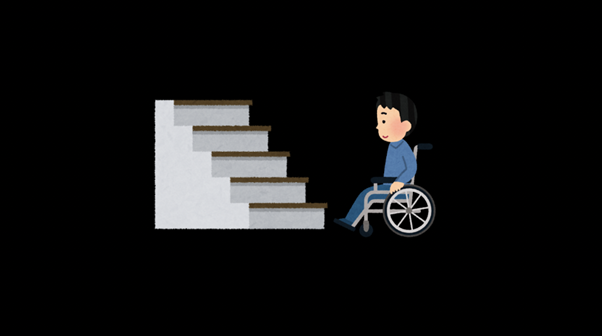 車椅子利用者と階段のイラスト