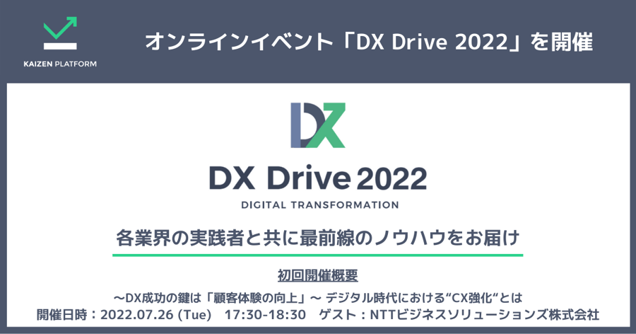 各業界の実践者と共に最前線のノウハウをお届けするオンラインイベントDX Drive 2022を開催、初回開催概要、DX成功の鍵は顧客体験の向上、デジタル時代におけるCX強化とは、開催日時2022年7月26日17時30分から18時30分、ゲストはNTTビジネスソリューションズ株式会社